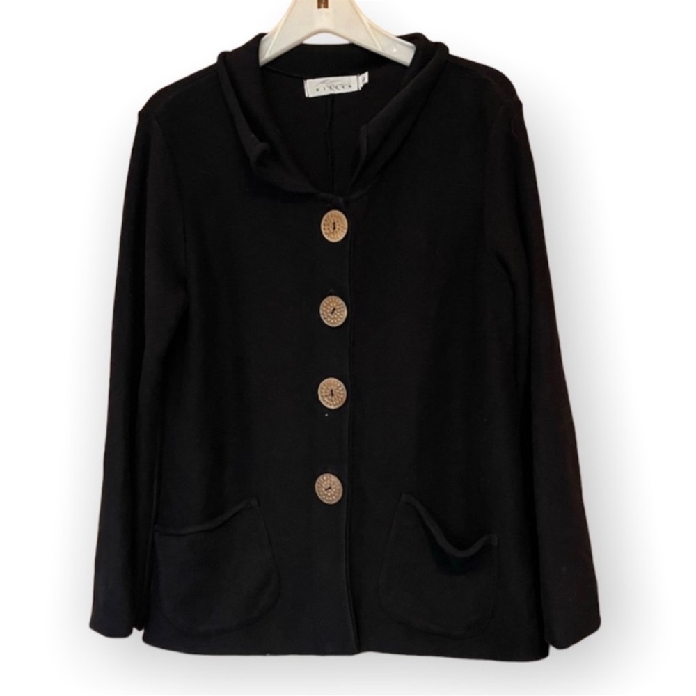 Willow Black Sweater Cardigan Double Breasted with Ruffled Collar Pearl Buttons